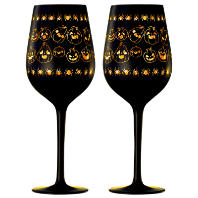 Crystal Halloween Stemmed Wine Glasses - Set of 2 - Pumpkin Themed Vibrant Black & Gold Spooky Ghost Pattern Frosted Glass, Perfect for Themed Gothic Parties Trick Or Treat Gifts for Him Her (14 OZ)
