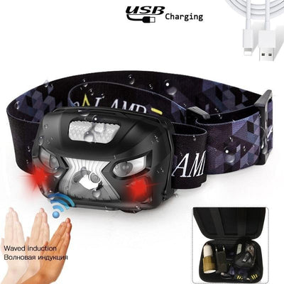 Rechargeable Adjustable LED USB Headlight Powerfull Elastic High Lumens Headband Headlamp Motion Sensor Flashlight For Adults Kids Running Camping Hiking Camping