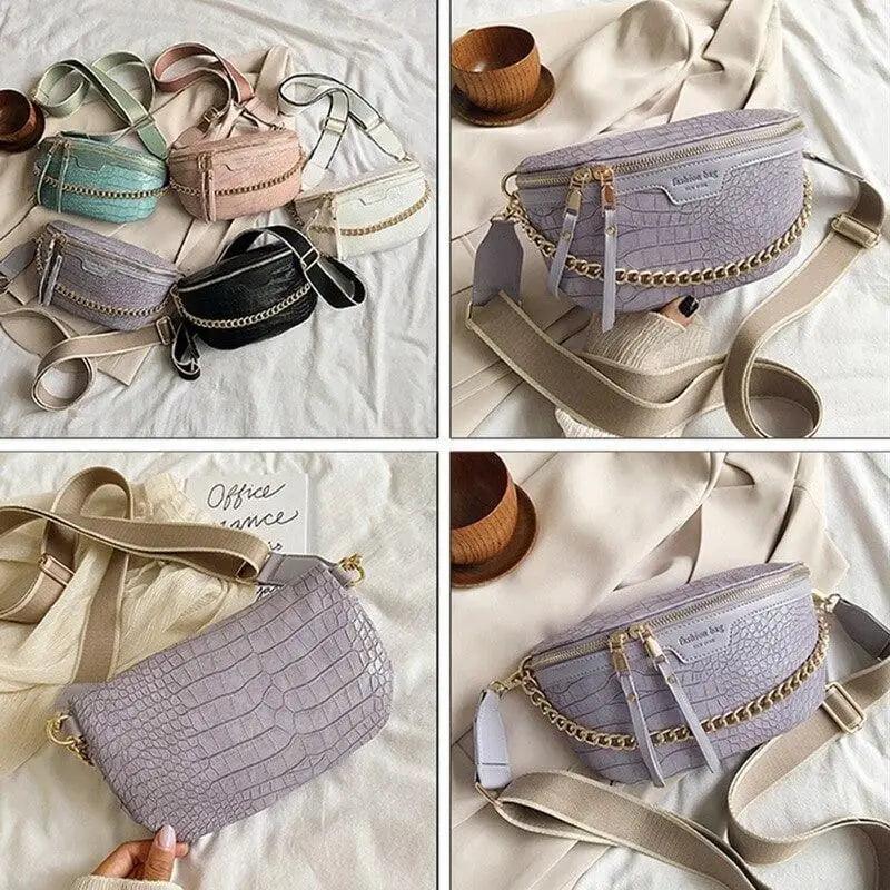 Retro Waist Bag PU Leather Fanny Pack Purse Leather with Gold Chain Strap Stylish Waist Pack Women Belt Bag Multifunctional Chest Bag