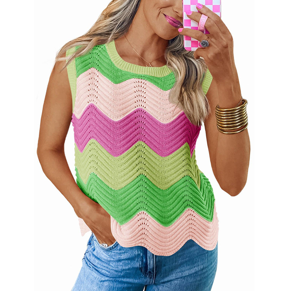 Round neck short sleeved vest contrasting wave top