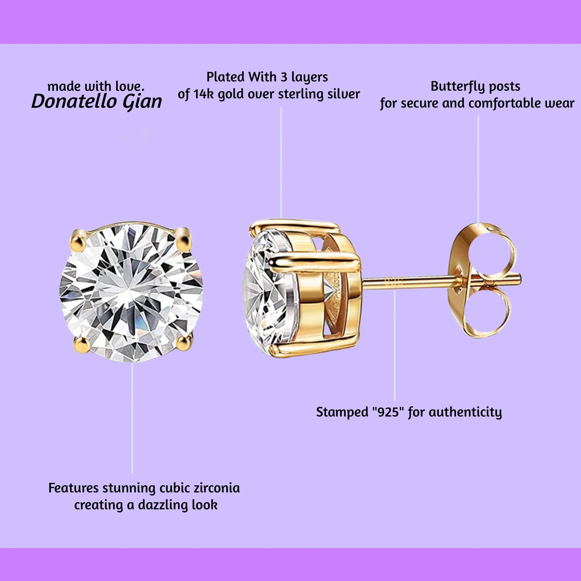 925 Sterling Silver Round Cut Cubic Zirconia Stud Earrings, 14K Yellow Gold Plated, Multiple Sizes Sparkling CZ Stone, Hypoallergenic, Perfect for Women and Girls