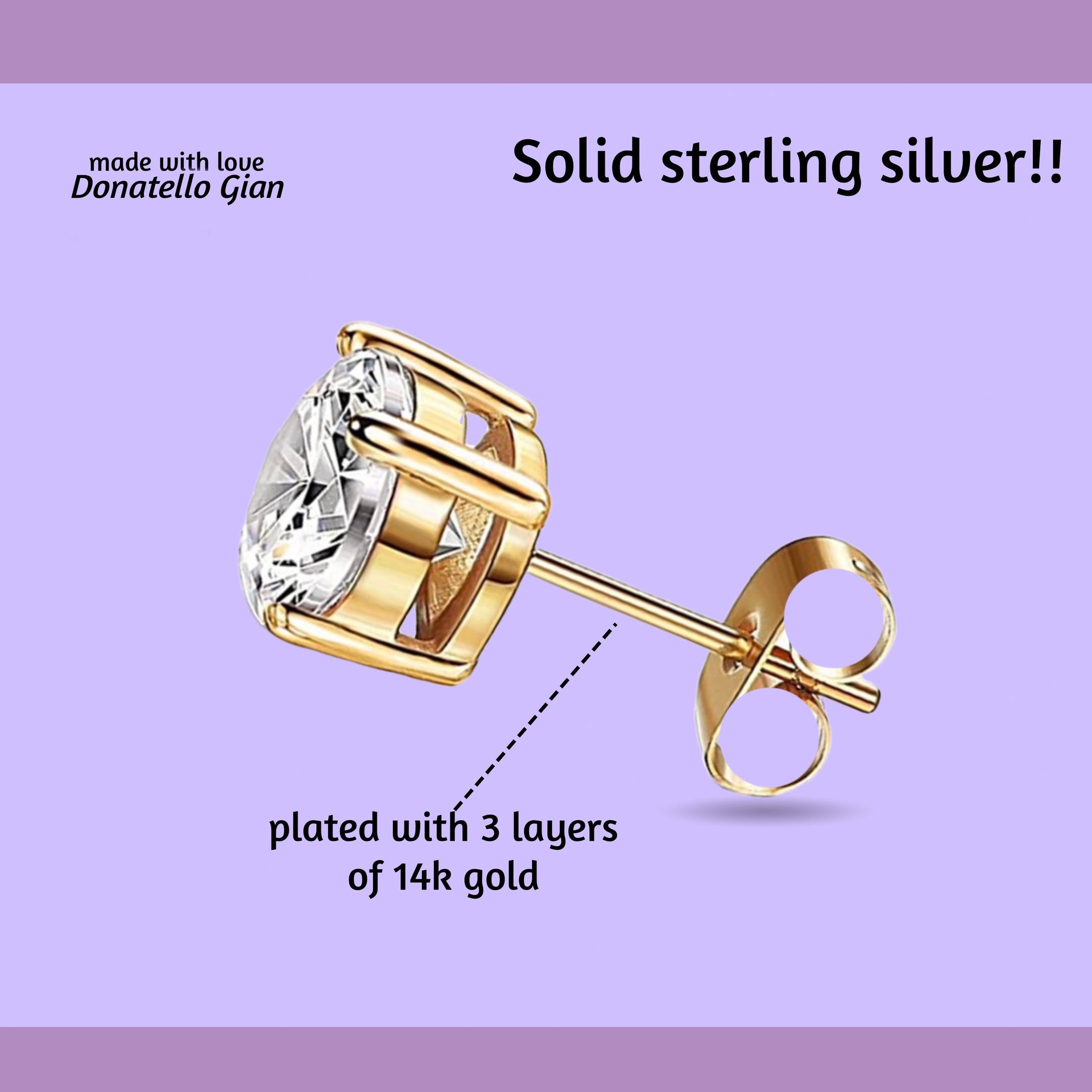 925 Sterling Silver Round Cut Cubic Zirconia Stud Earrings, 14K Yellow Gold Plated, Multiple Sizes Sparkling CZ Stone, Hypoallergenic, Perfect for Women and Girls