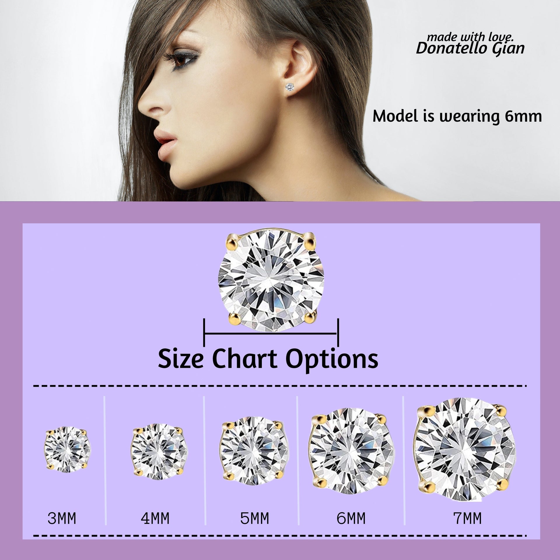 925 Sterling Silver Round Cut Cubic Zirconia Stud Earrings, 14K Yellow Gold Plated, Multiple Sizes Sparkling CZ Stone, Hypoallergenic, Perfect for Women and Girls