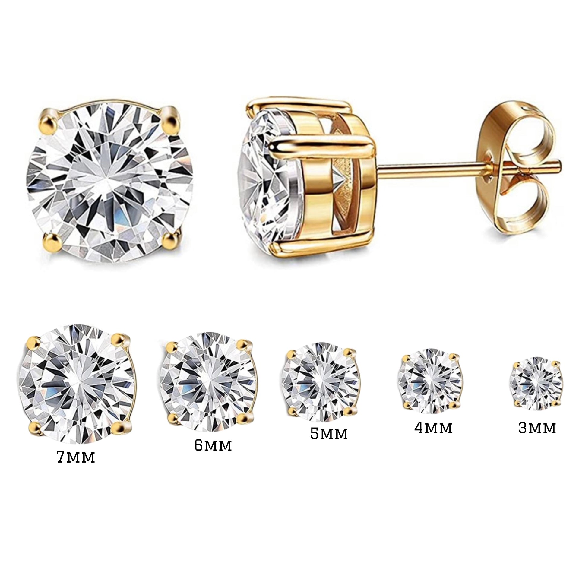 925 Sterling Silver Round Cut Cubic Zirconia Stud Earrings, 14K Yellow Gold Plated, Multiple Sizes Sparkling CZ Stone, Hypoallergenic, Perfect for Women and Girls
