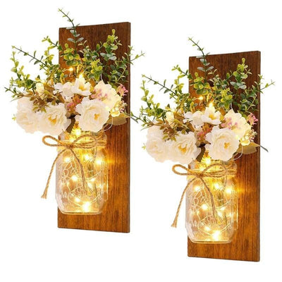 Rustic Wall Sconces Flower Lamp Mason Jar Sconce Handmade Wall Art Hanging Home Decoration 2 Set with LED Fairy Lights Decorative Peony Flower