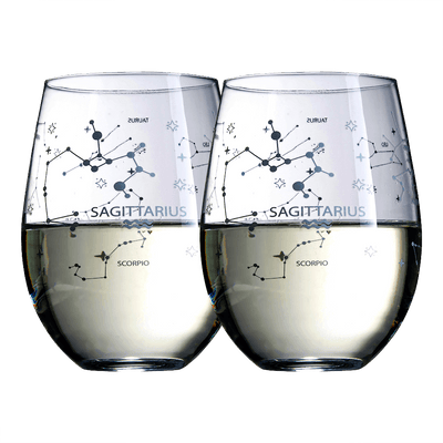 Set of 2 Zodiac Sign Wine Glasses with 2 Wooden Coasters by The Wine Savant - Astrology Drinking Glass Set with Etched Constellation Tumblers for Juice, Home Bar Horoscope Gifts 18oz (Sagittarius)