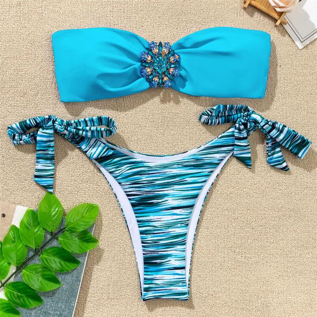 Shiny Rhinestone Strapless Bikini Female Women 2PCS Shiny Diamond Bikini Set Bra Swimsuit Bathing Suit Swimsuit Women Swimwear Two-pieces Luxury Bikini Set Bather Bathing Suit Swimwear