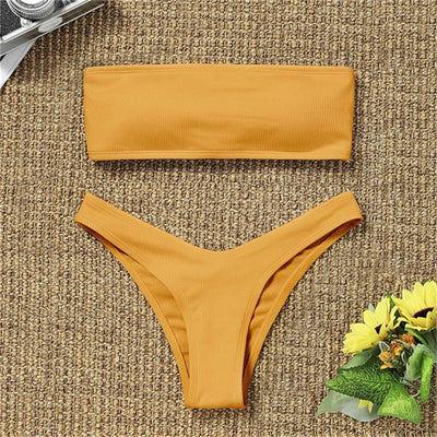 Solid Bikini Swimsuit Women Bikini Set Women Strapless Ribbed Bikini Set Lace Up High Cut Two Piece Swimsuit Bathing Suit Two Piece Tube Top Swimwear Female Bather Swimming Suit