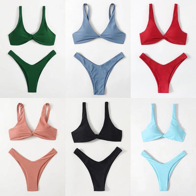 Solid Tie Bikini Padded Bra High Leg Bandage Push Up Bikini Set Brazilian Swimsuit Women Swimwear Rib Bikini Set High Cut Spaghetti Strap Two Piece Swimsuit Bathing Suit