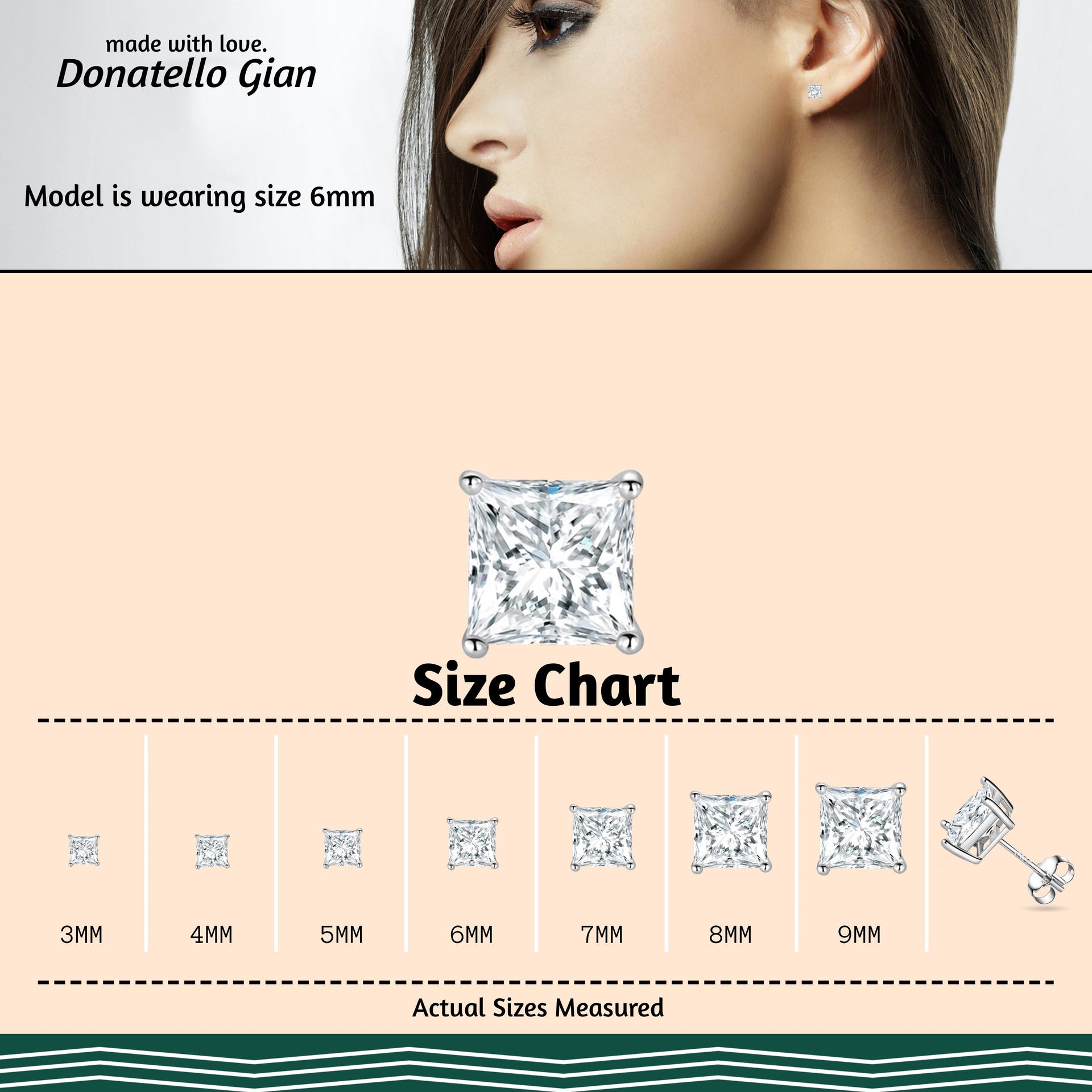 925 Sterling Silver Square Princess Cut Cubic Zirconia Stud Earrings, Multiple Sizes 3mm-9mm, Sparkling CZ Stone, Hypoallergenic, Perfect for Women and Girls