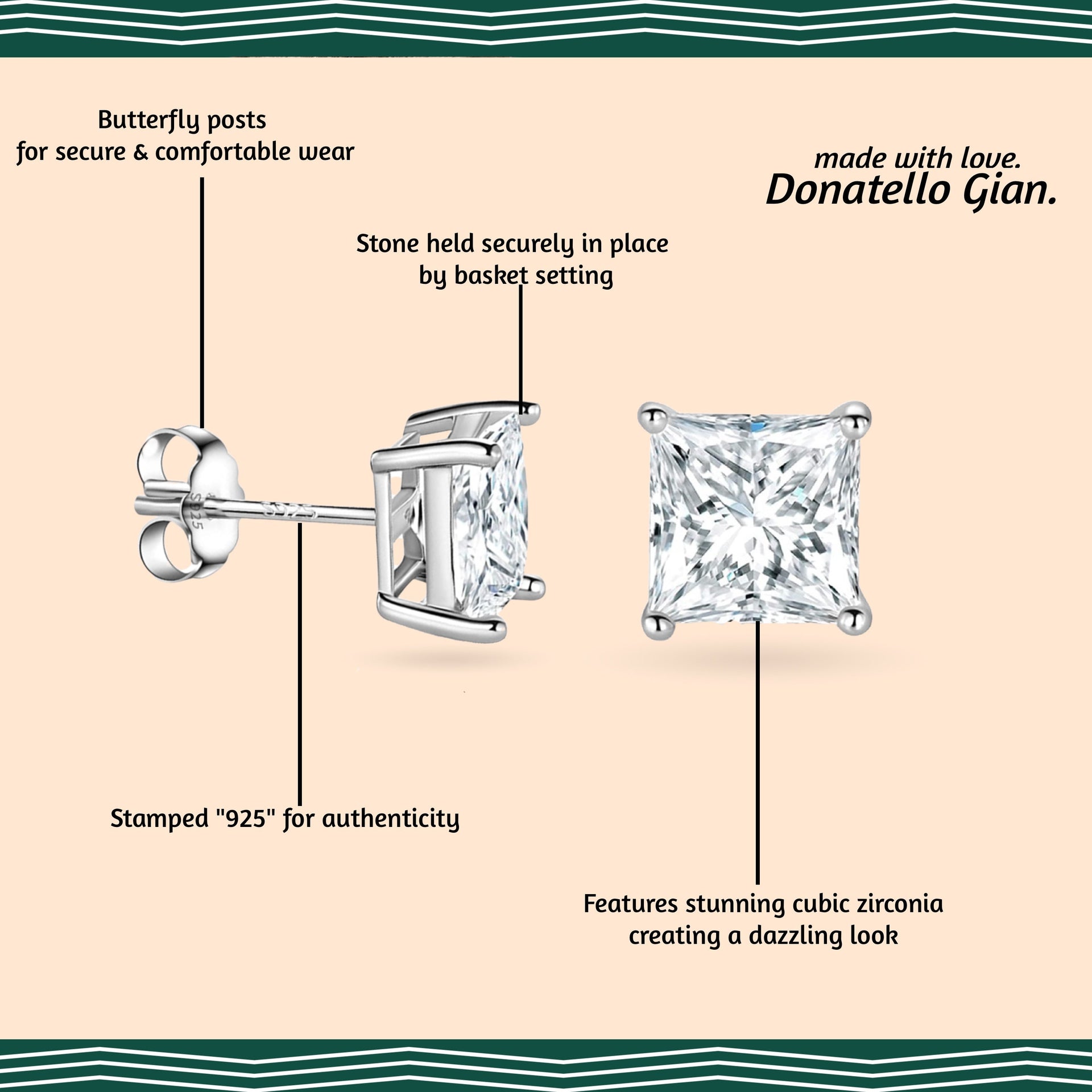 925 Sterling Silver Square Princess Cut Cubic Zirconia Stud Earrings, Multiple Sizes 3mm-9mm, Sparkling CZ Stone, Hypoallergenic, Perfect for Women and Girls