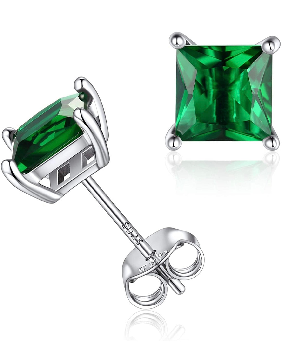 Sterling Silver Green Square Studs