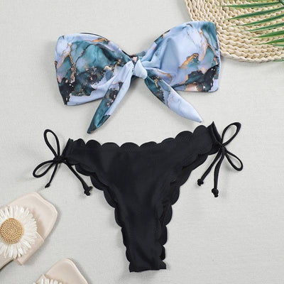 Summer Blue Bikini Women Swimwear Female Swimsuit Women’s Floral Print Lace-up Strapless Padded Comfortable Swimwear Bathing Suit Two-pieces Bikini Set Knotted Bathing Swim Suit
