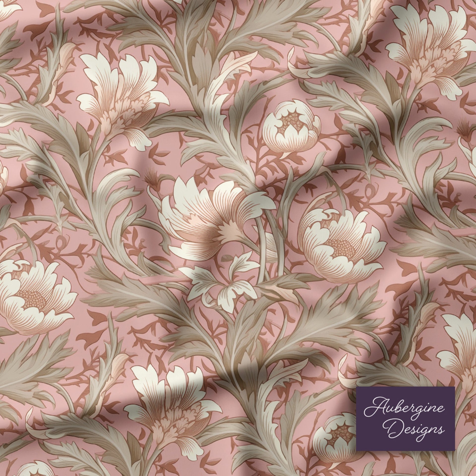 Window Curtain Set - Cotton Blend (2 Panels) | Blush & Grey Floral | William Morris Inspired Collection