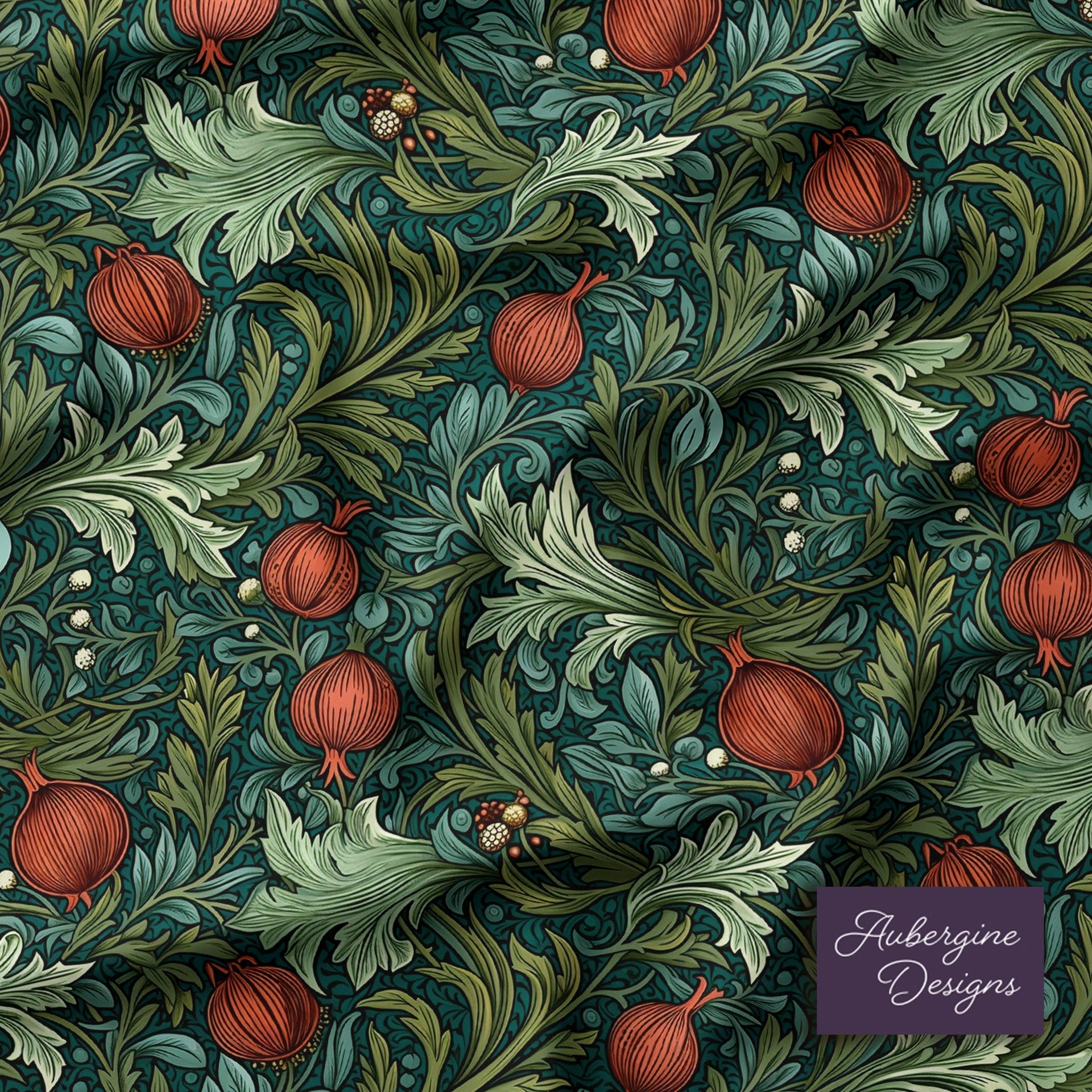 Window Curtain Set - Cotton Blend (2 Panels) | Pomegranate | William Morris Inspired Collection
