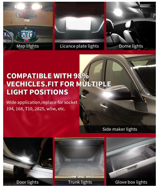 194 168 2825 W5W LED Bulb White Canbus Error Free, T10 LED Bulbs 400LM 6000K Super Bright for Dome Map License Plate Trunk Cargo Lights (2-Pack)