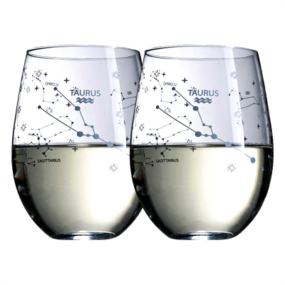 Set of 2 Zodiac Sign Wine Glasses with 2 Wooden Coasters by The Wine Savant - Astrology Drinking Glass Set with Etched Constellation Tumblers for Juice, Water Home Bar Horoscope Gifts 18oz (Taurus)