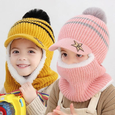 Thick Knitted Acrylic Winter Beanie Hats For Kids Child Outdoor Warm Balaclava Cap Girls Boys Bib Mask Face Cover Hairball Hat Beanie Cap Mask Scarf Hat Set Outdoor Sport Warm Beanies Hat For Men Knitted Hats Bandana Hiking Camping Kid Neck Warmer Cap