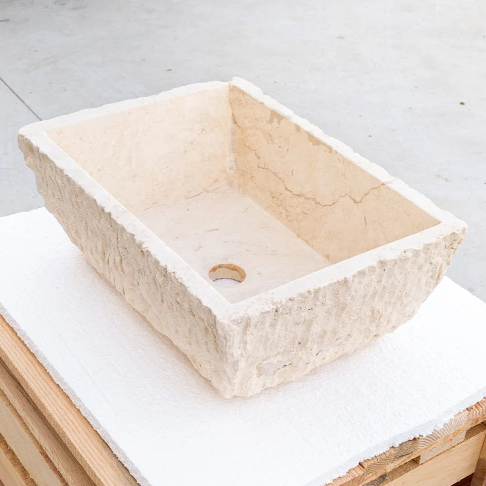 Troia Light Rustic Natural Stone Vessel Sink Honed Interior Hand Chiseled Exterior (W)12