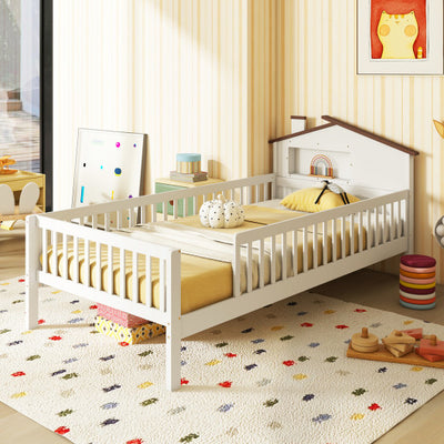 Twin Size Kids Montessori Bed with House-Shaped Headboard and Built-in Storage Shelf-White