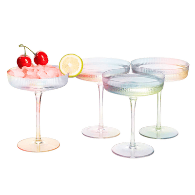 Ribbed Coupe Cocktail Glasses 8 oz | Set of 4 | Classic Manhattan Glasses For Cocktails, Champagne Coupe, Ripple Coupe Glasses, Art Deco Gatsby Vintage, Crystal with Stems (Iridescent)