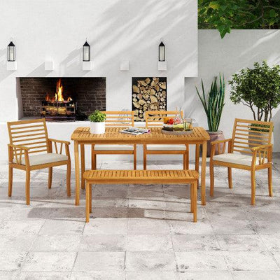 Acacia Wood Outdoor Table and Bench Chairs Set with 1.97 Inch Umbrella Hole