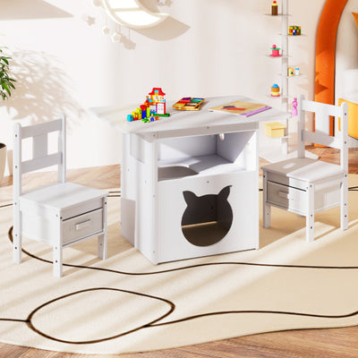 Kids Table and Chairs Set 3 Pieces Wooden Children Furniture with Cat House-White