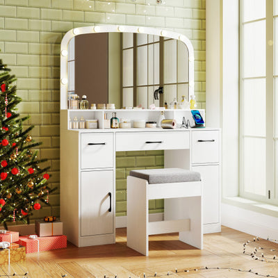 Vanity Desk Makeup Table with Stool 3-Color Lights and Charging Station-White