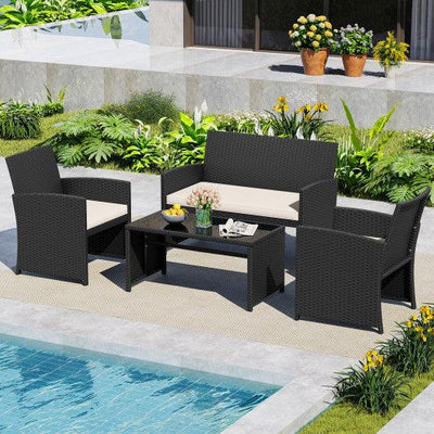 4 Pieces Patio Furniture Set with Tempered Glass Tabletop and Removable Cushion-White