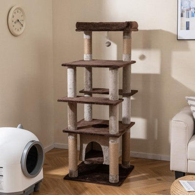 58 Inch Large Multi-level Cat Tree with Swaying Aerial Condo and Plush Perch Bed-Brown