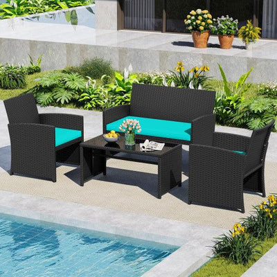 4 Pieces Patio Furniture Set with Tempered Glass Tabletop and Removable Cushion-Turquoise