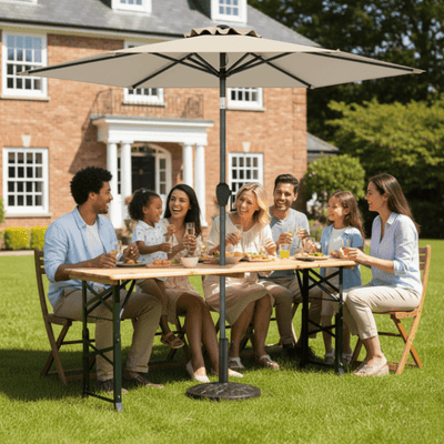 3-Piece Patio Picnic Table Set: Adjustable Wooden Picnic Table + Umbrella + Umbrella Base