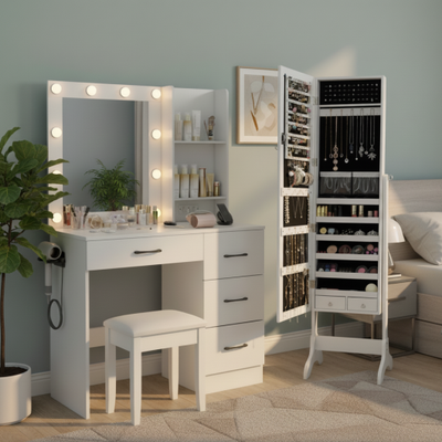 Bedroom Set with Lockable Mirrored Jewelry Cabinet and Vanity Desk