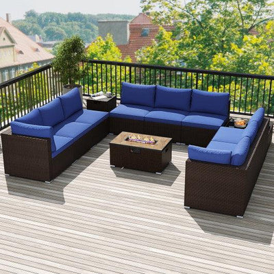 Outdoor PE Rattan Conversation Set with 32” Propane Fire Pit Table and Tank Holder-Navy