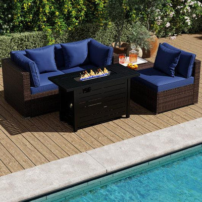 Heavy-duty Frame Rattan Sofa Set with 60000 BTU Firepit Table-Navy