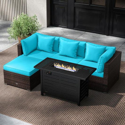 Heavy-duty Frame Rattan Sofa Set with 60000 BTU Firepit Table-Turquoise