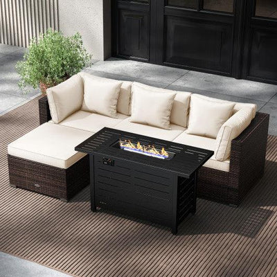 Heavy-duty Frame Rattan Sofa Set with 60000 BTU Firepit Table-Off White