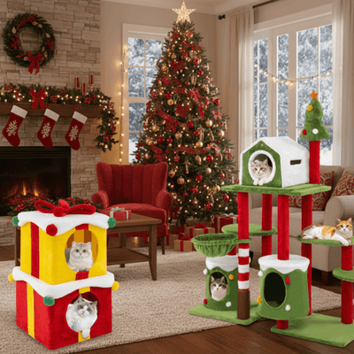 Cat Furniture Set with 58 Inch Tall Cat Tree Tower and 2 Gift Box Shaped Cute Christmas Cat House