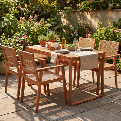 5 Pieces Acacia Wood Dining Set with Outdoor Table and Rattan Chairs for 4 Persons