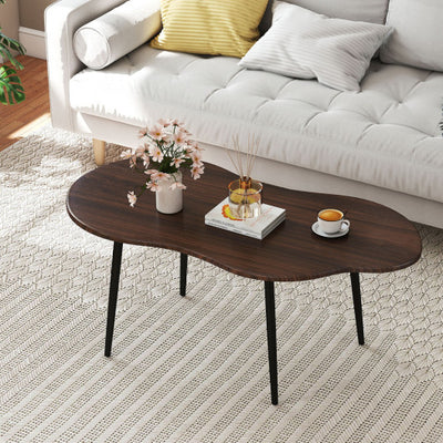 Cloud Shape Coffee Table 39.5 inch Irregular Center Table with Metal Frame-Walnut