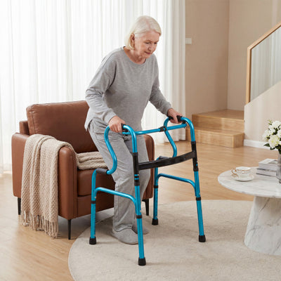 One-Button Folding Aluminum Walking Frame Walker Folding Walker for Seniors and Limited Mobility Users-Navy