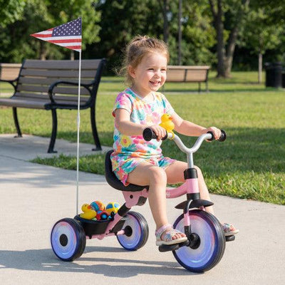 Glowing Wheels Toddler Tricycle Foldable Kids Trike with Basket and Duck Bell