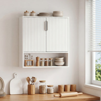 Bathroom Wall Cabinet with 2 Fluted Doors and Open Cube and Adjustable Shelf-White