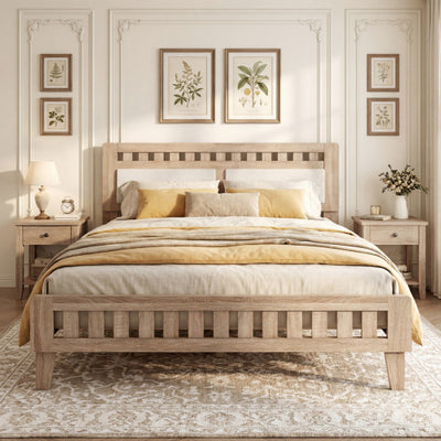 Queen Wood Bed Frame with Upholstered Headboard-Natural