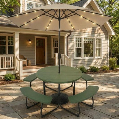3-Piece Round Picnic Table Set with 10FT Solar LED Tilt Umbrella and Base for Patio Backyard