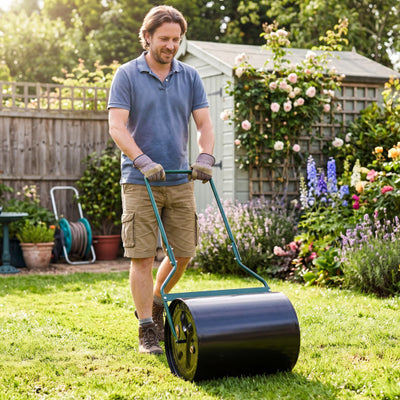 Lawn Roller 16 Gallon Water/Sand Filled Garden Drum Roller with Leak-proof Inlet