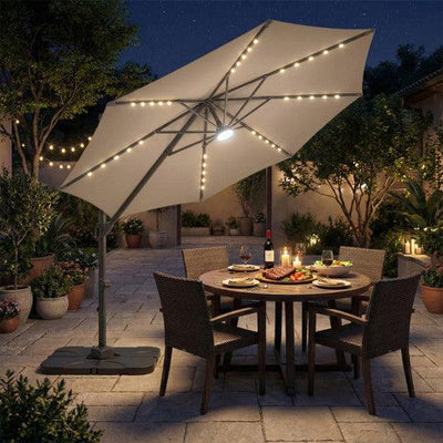 10 FT Cantilever Patio Umbrella with 35 Solar LED Lights and 220 LBS Base-Brown