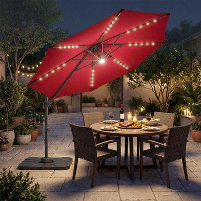 10 FT Cantilever Patio Umbrella with 35 Solar LED Lights and 220 LBS Base-Red