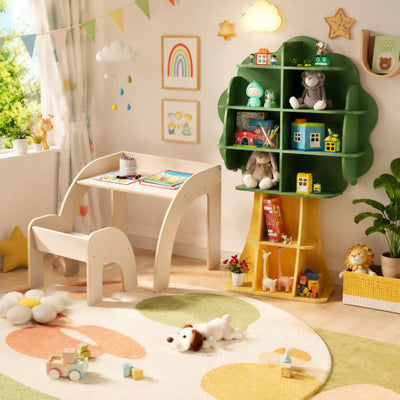 Kids Table and Chair Set with Tree Shape Bookshelf Storage Organizer