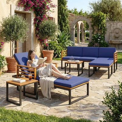 7-Piece Acacia Wood Patio Furniture Set with Adjustable Chaise Lounge Chair and Conversation Sofa Set